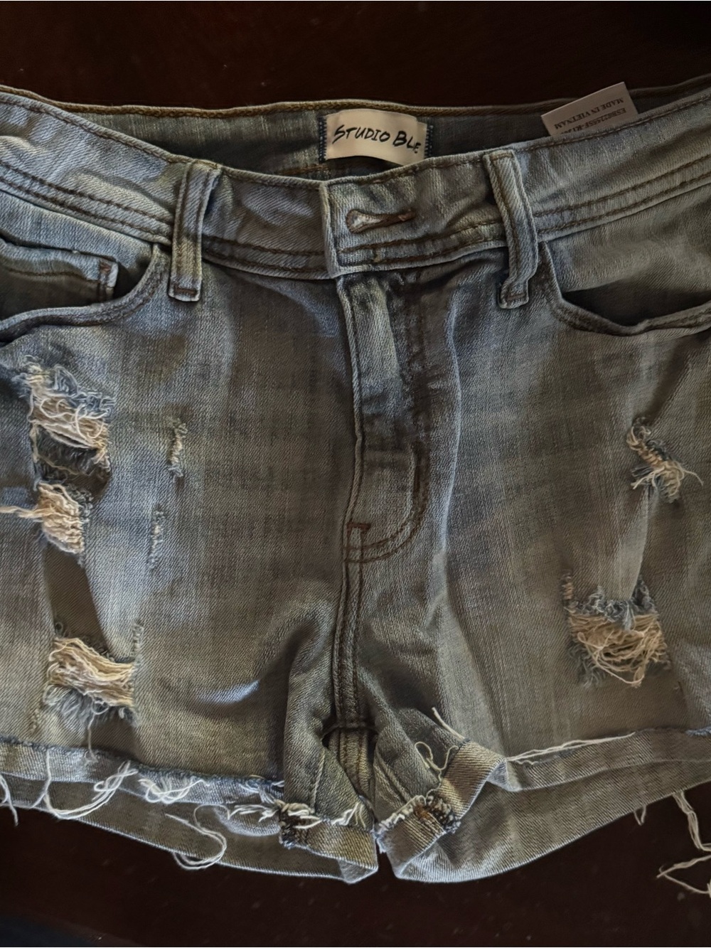 Studio Blue Distressed Frayed Hem Denim Shorts